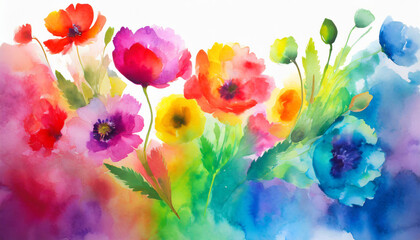 multicolored watercolor gradient rainbow flowers on a white background peonies poppies summer painting