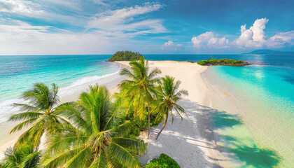 beach palm trees on the sunny sandy beach and turquoise ocean from above amazing summer nature...
