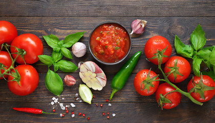 ingredients for making tomato salsa on dark wooden background traditional mexican sauce tomato basil spices chili pepper onion garlic vegan diet food concept top view with copy space