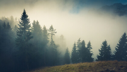 misty landscape with fir forest in vintage retro style generative ai