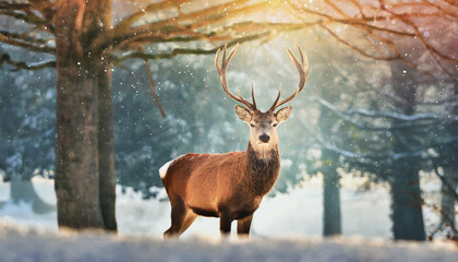 red deer stag in the winter forest noble deer male banner with beautiful animal in the nature habitat wildlife scene from the wild nature landscape wallpaper christmas background
