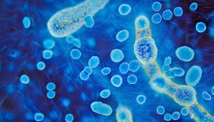beautiful electronic microscopy of bacteria fungi fantasy microbiology in blue tones microscopic life generative ai