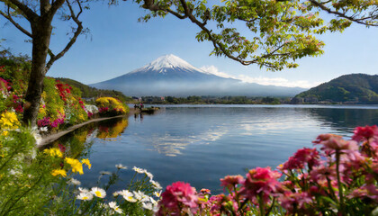 japan s picturesque landscape boasts the iconic mount fuji framed by colorful flowers and trees and its reflection dances on the tranquil lake beneath the vast blue sky