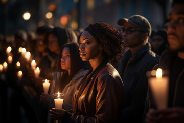 A candlelight vigil at a MLK Day event, promoting unity and peace. Concept of reflection and solidarity. Generative Ai. - obrazy, fototapety, plakaty