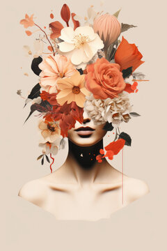Collage artwork of a beautiful female face, surrounded by flowers and floral elements.
