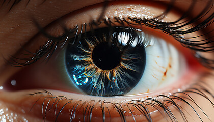 Close up of a blue iris, a beautiful human eye staring generated by AI
