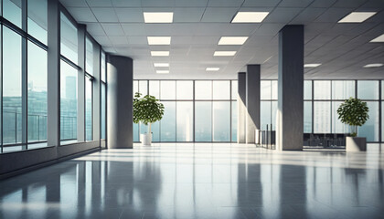 Fototapeta premium blur background of the empty lobby in the office beautifully blurred background of a light modern office interior environment with panoramic windows illustration ai generative
