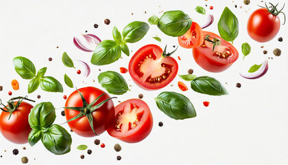 flying ingredients of tomatoes basil pepper on white background italian food