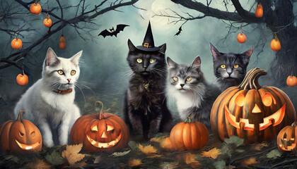 witchy cats in a spooky halloween forest with pumpkins