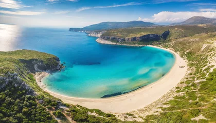 Abwaschbare Fototapete peaceful aerial wide beach landscape summer vacation mediterranean holiday waves crash stunning blue ocean bay sea panoramic coastline tranquil aerial drone top view relaxing sunny beach seaside © Art_me2541