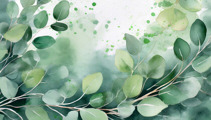 background with leaves green eucalyptus leaves falling on a watercolor background suitable for greeting cards designs wallpaper backgrounds textiles and illustrations ai generative - obrazy, fototapety, plakaty