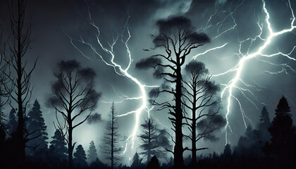 dark illustration of spooky lightning in the night sky in the background with dark tree silhouettes in the front ai generative art