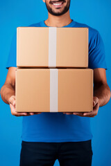 Delivery Man Handling Parcel Boxes For Sending To Customer At House