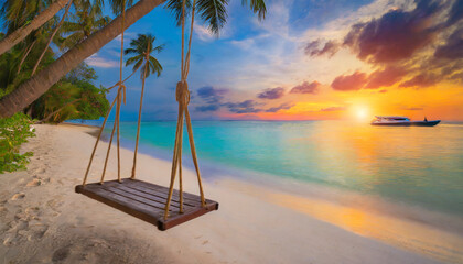 tropical sunset beach and sky background as exotic summer landscape with beach swing or hammock and...