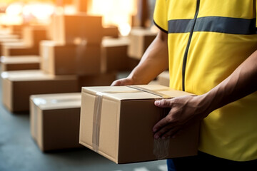 Delivery Man Handling Parcel Boxes For Sending To Customer At House