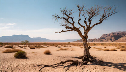 Fototapeta na wymiar a desolate desert landscape featuring a dead tree standing tall against the barren backdrop symbolizing the arid conditions