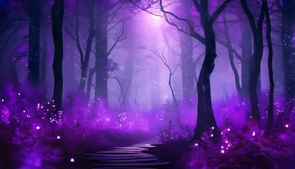 Rolgordijnen magical glowing purple fairy misty forest at night pc desktop wallpaper background ai generated © Art_me2541