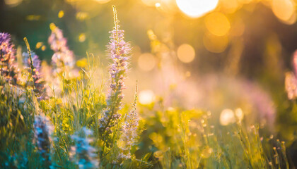inspirational nature closeup sunset floral meadow field beautiful bokeh blurred lush foliage freedom to wish concept peaceful bright sunlight spring colors warm golden green summer field landscape