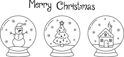 Set of glass snow globes isolated on white background. Christmas toys decorated with various winter designs inside. Vector hand-drawn illustration in doodle style. Perfect for holiday designs, cards.