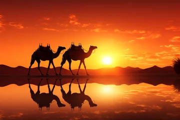 Foto op Plexiglas The silhouette of a group of camels during sunset. Generated AI © Paradoxx