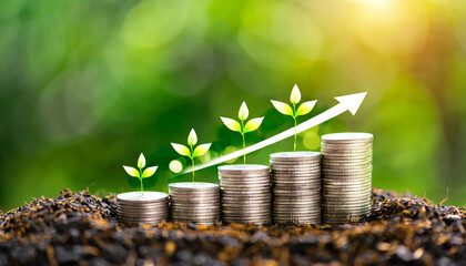 green business growth or green investment and finance sustainable development concept stack of silver coins the seedlings are growing on top with arrow of growth carbon credit esg co2 net zero - obrazy, fototapety, plakaty