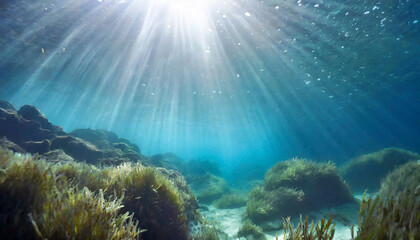 Fototapeta na wymiar underwater sunlight through the water surface seen from a rocky seabed with algae generative ai