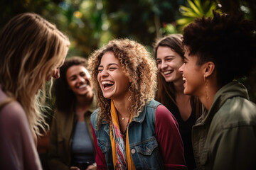Fototapeta premium A diverse group of friends laughing together at a park, exemplifying the joy of genuine connections. Concept of friendship and happiness. Generative Ai.