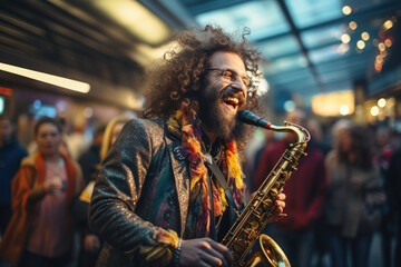 A street performer playing a lively tune on a saxophone, spreading joy to passersby with his music....