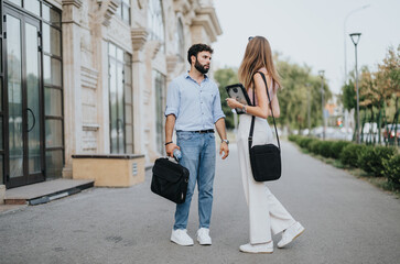 A business couple walks in urban city, discussing growth strategies, ideas and new projects for expansion. Cloudy day does't dampen their determination for success.