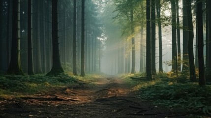 A serene path in the woods with sunlight filtering through the fog, surrounded by nature and trees.