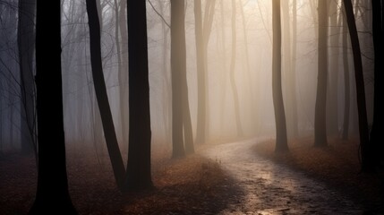 A serene path in the woods with sunlight filtering through the fog, surrounded by nature and trees.