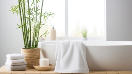 A bathroom with a white bathtub, bamboo plant, and towels.