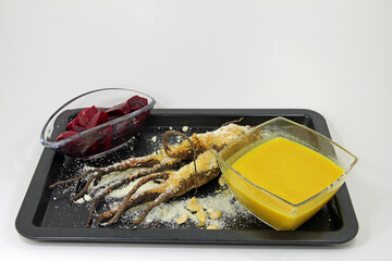 Healthy, vegan and tasty. beetroot salad, grilled oat root and hokaido pumpkin soup