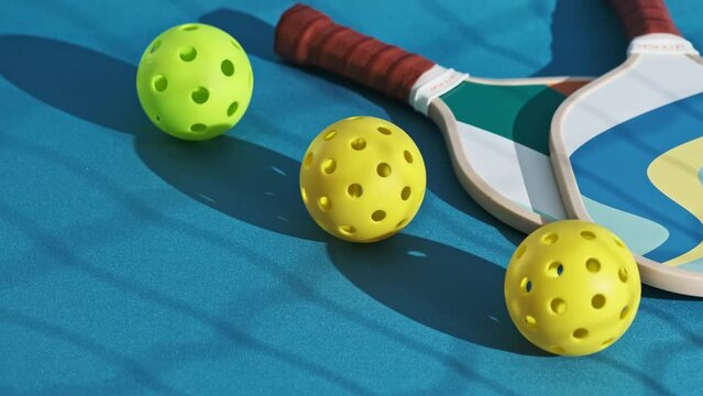 three pickleball balls that appear rolling in the scene one at a time until they touch some paddles that are on a blue surface