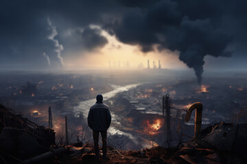 A person looking out at a polluted, industrial landscape with a heavy heart. Concept of environmental degradation and concern. Generative Ai.