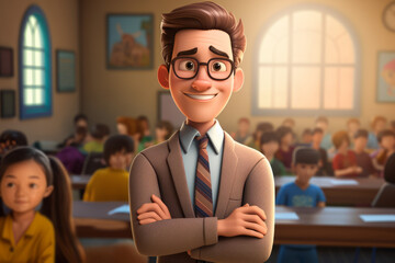 Cartoon Portrait of a teacher smiling in a classroom.