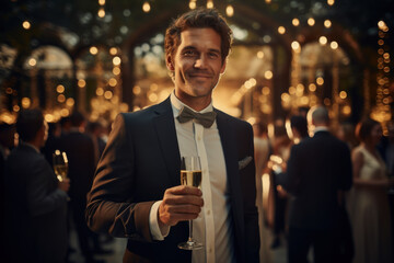 A male CEO celebrates the company's growth by toasting with champagne at an upscale corporate event. Concept of upscale business gatherings. Generative Ai. - obrazy, fototapety, plakaty