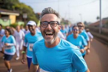 A delighted executive showcases a vibrant smile while participating in a charity run, promoting corporate social responsibility. Concept of philanthropy and community engagement. Generative Ai. - obrazy, fototapety, plakaty