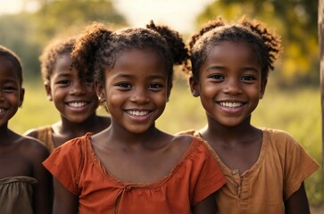 Group portrait of African children joyfully stand together in a sunlit field, radiating love and...