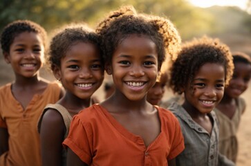 Group portrait of African children joyfully stand together in a sunlit field, radiating love and friendship amid nature's beauty.