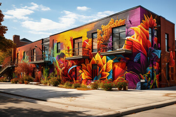 A vibrant street art mural adorning a city's walls. Concept of urban art and creativity. Generative Ai.