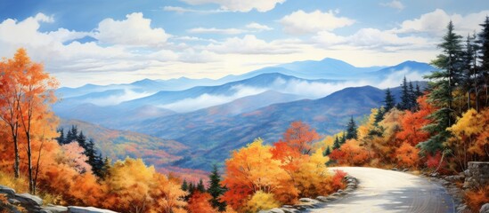 The vibrant colors of autumn paint the serene landscape of a mountain where a person stands against a backdrop of a forest and a sky filled with hues of blue as they travel along a winding r - Powered by Adobe