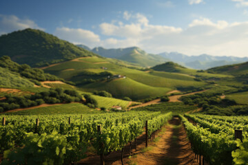A rustic vineyard with rows of grapevines and a scenic backdrop of rolling hills. Concept of...