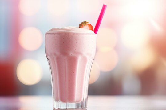 Close-up of creamy pink smoothie with blurred background. Generative AI
