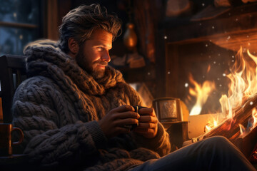 A bearded man in a cozy sweater, sipping hot tea by a roaring fireplace. Concept of relaxation and comfort. Generative Ai.