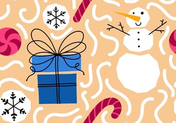 Obraz premium Cartoon winter ice seamless snowman and snowflakes and candy pattern for Christmas packaging and new year