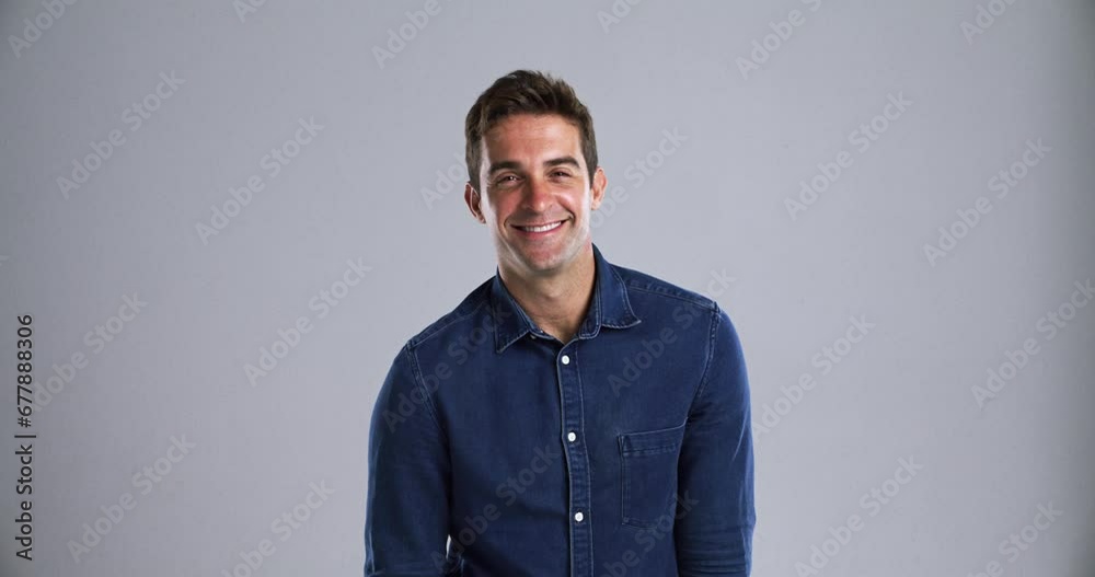 Poster man, face and happy smile in studio for casual confidence for relax cool, grey background as mockup 