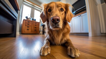 A dog sits on the kitchen floor looking at you pleadingly. Fish-eye lens. High-angle camera. - obrazy, fototapety, plakaty