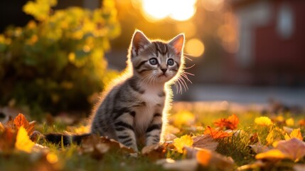 A Cute kitten playing with yellow autumn leaves at sunset. the backyard The background of the photo is a relaxing environment in the backyard.