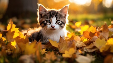 A Cute kitten playing with yellow autumn leaves at sunset. the backyard The background of the photo is a relaxing environment in the backyard.